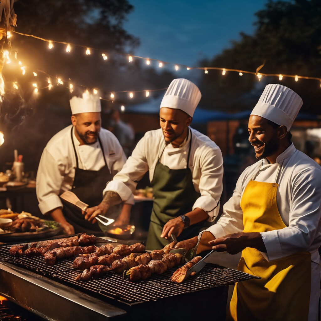 Diverse team of chefs grilling Brazilian street food outdoors with focused intensity, sizzling meat on professional grill