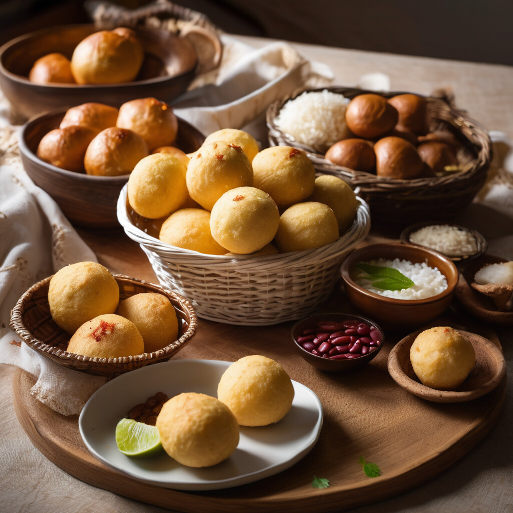 Golden pão de queijo cheese bread in white ceramic basket with fresh rice and beans on artisan plate