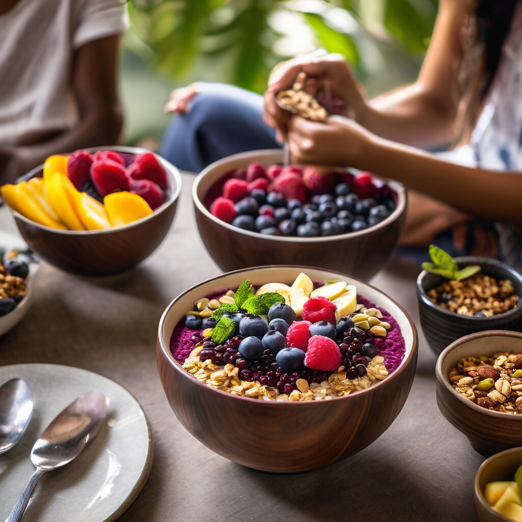 Family sharing authentic Brazilian açaí bowls at casual table with genuine smiles, fresh fruit and granola toppings