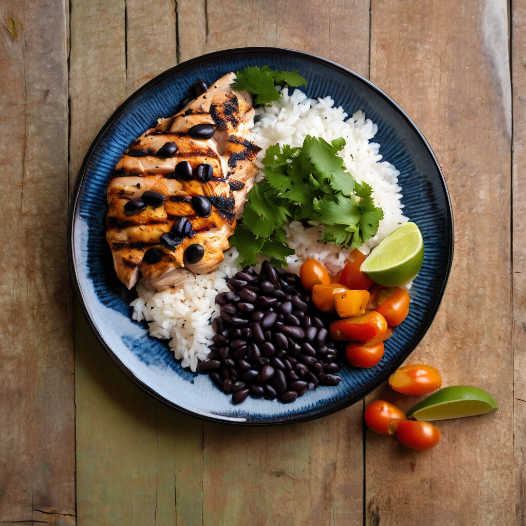 Brazilian-style lunch plate of rice, black beans and grilled chicken
