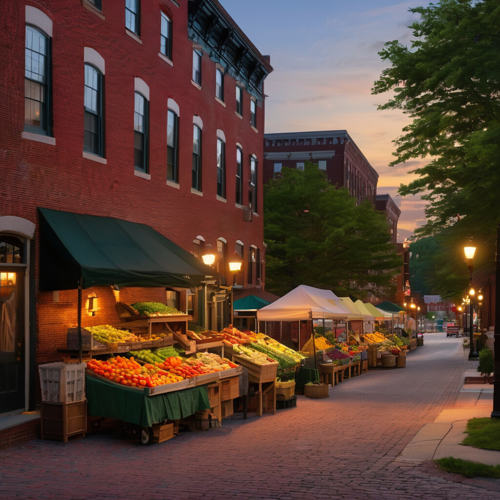 Historic brick buildings with farmers market produce stand at dusk